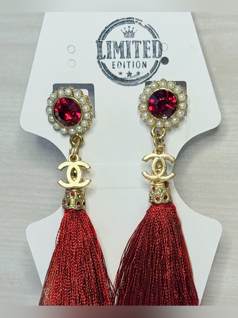 CC Red Tassel Pearl & Crystal Drop Earrings - Gold Accent